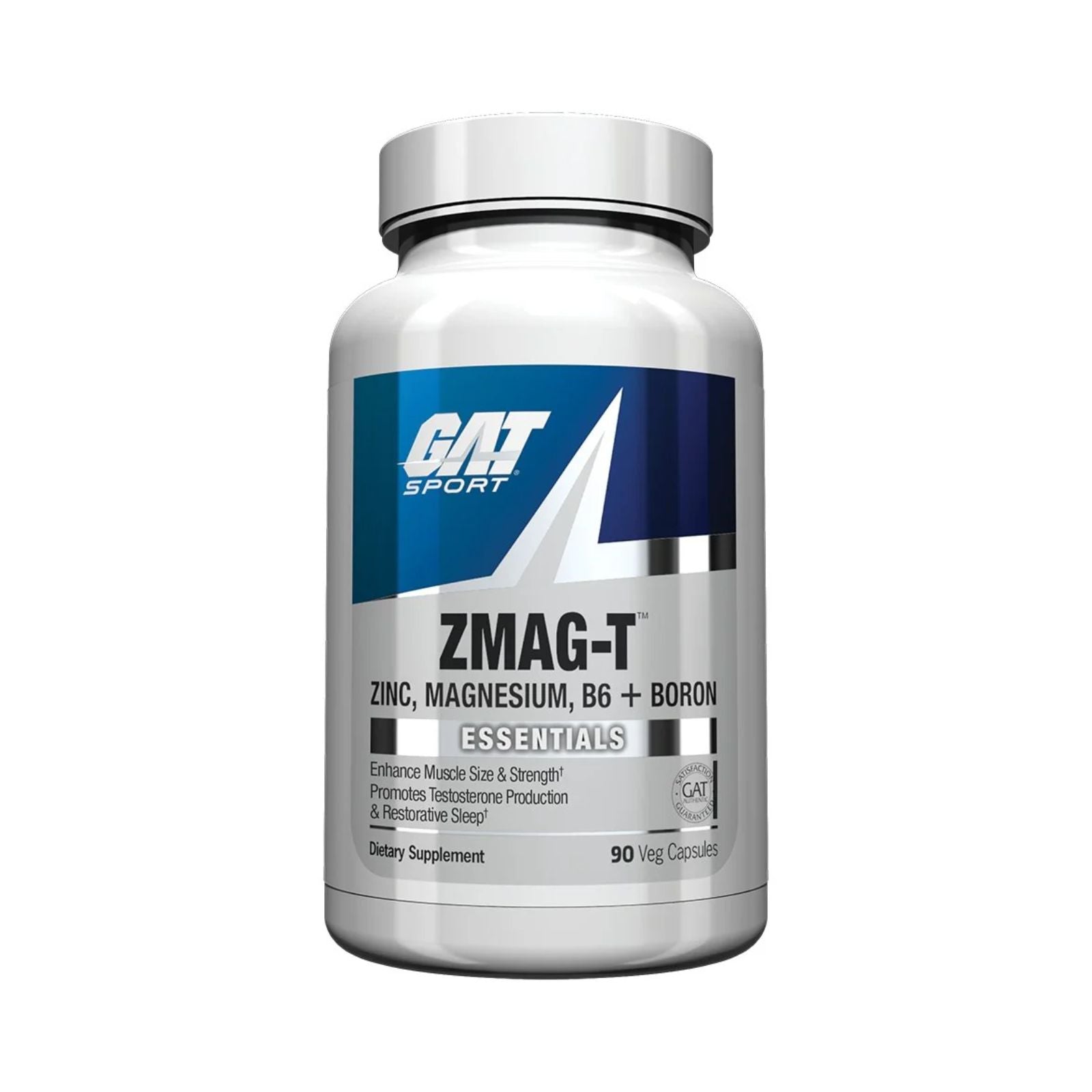 GAT Sport ZMAG-T supplement bottle with zinc, magnesium, B6, and boron for muscle strength and recovery support.