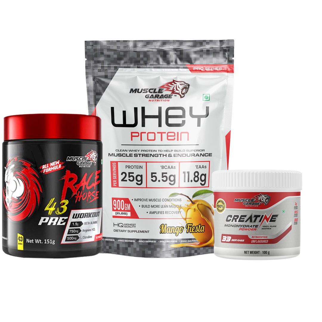 Combo: Muscle Garage Whey Protein, Muscle Garage Racehorse Pre & Creatine Monohydrate Powder 100gm