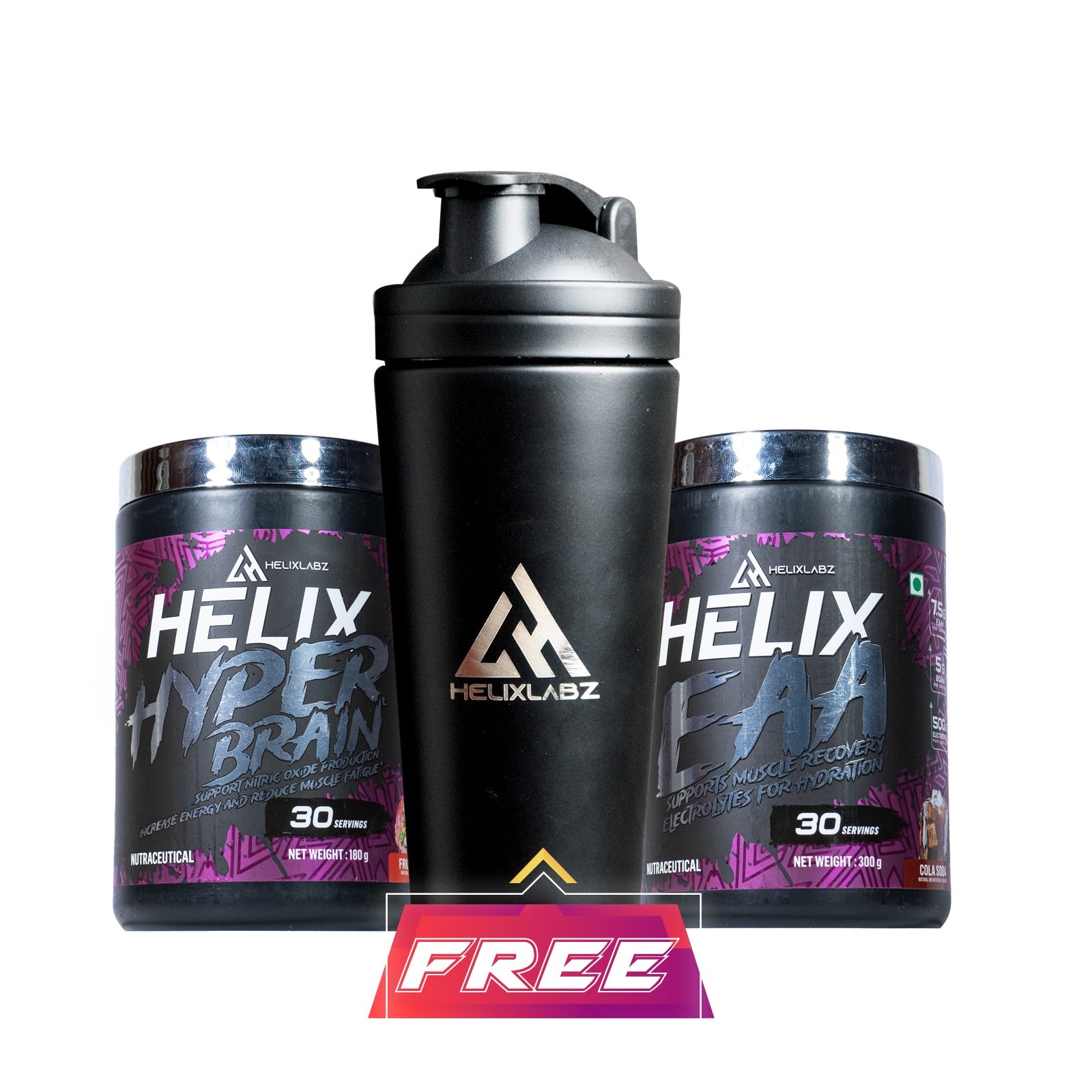 Helix Labz Combo Offer with Hyper Brain Pre-Workout, EAA’s Advance Amino Acid, and Free Steal Shaker.